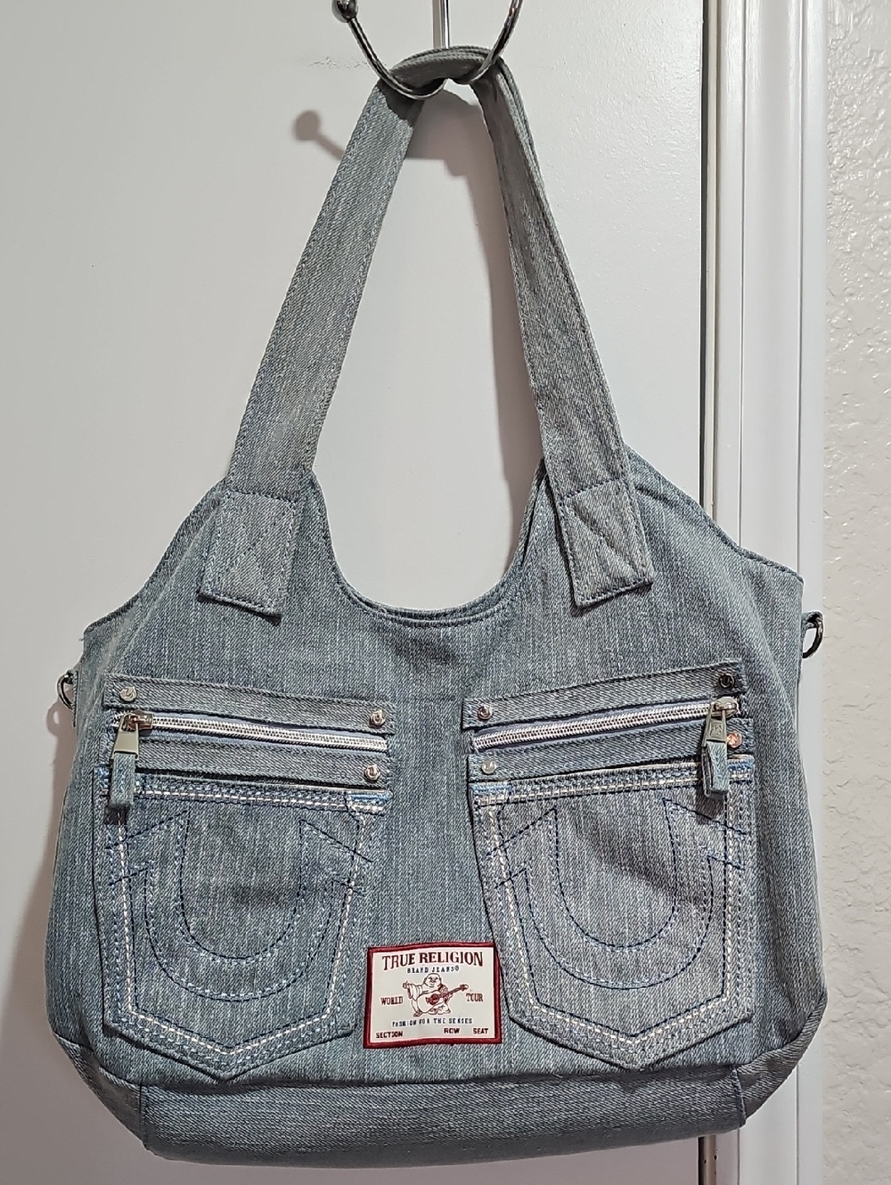 True Religion Light Denim Blue Tote with Front Zip Pockets